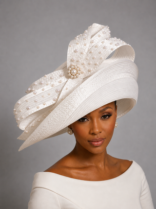 Elegant Black woman wearing a sculptural ivory special-event hat decorated with pearls and a jeweled brooch.