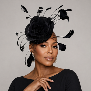 Elegant Black woman wearing a sculptural black floral fascinator with sweeping feather details.