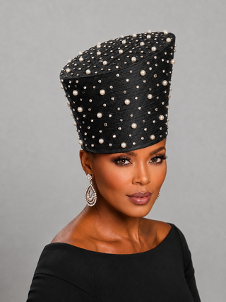 JUY-581 black sculptural church hat with pearls and rhinestones
