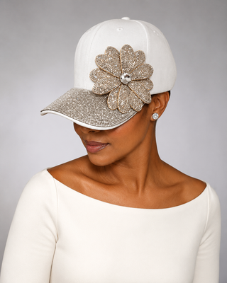 JUY-701- Rhinestone Flower Baseball Cap - White