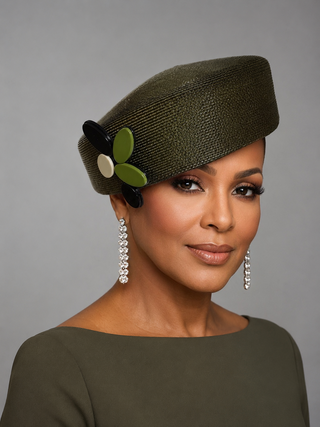 Olive Pillbox Hat with Tri-Color Button Clip