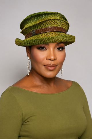 Moss Green Woven Hat with Leather-Look Band
