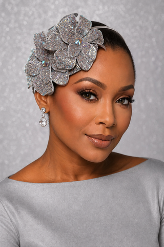 AGS-111 Silver Rhinestone Flower Headband