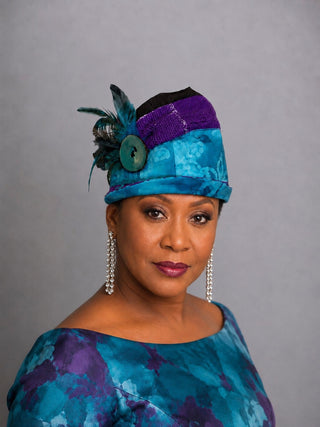 Teal & Purple Colorblock Cloche with Feather Trim