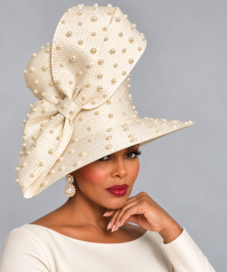 SEM-100 Ivory Pearl-Embellished Wide Brim Wrap Hat