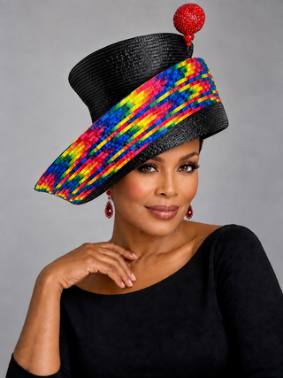 OCM-01 Black & Rainbow Sweep Brim Hat with Red Crystal Pin