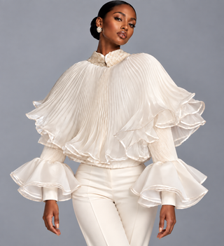 OCM-03 Ivory Pleated Organza Ruffle Cape Blouse with Pearl Collar (Size 8-10)