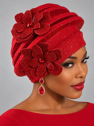OCM-06 Red Pleated Rhinestone Turban with Crystal Flowers