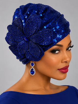 OCM-07 Royal Blue Sequin Turban with Crystal Flower