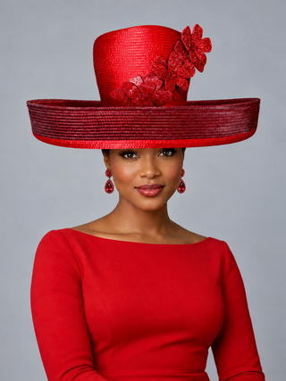 OCM-12 Red Wide-Brim Tall Crown Hat with Sequin Flowers