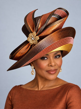 OCM-18 Copper & Chocolate Sculpted Swirl Hat with Gold Brooch