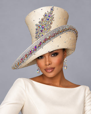 OCM-24 Ivory Crystal Top Hat with Sweeping Jeweled Brim