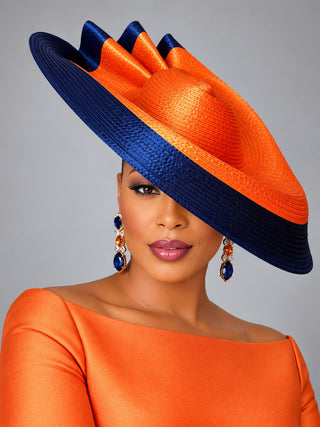 OCM-25 Tangerine & Navy Pleated Fan Saucer Hat