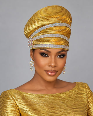 OCM-26 Gold Metallic Crown Hat with Crystal Bands & Brooch