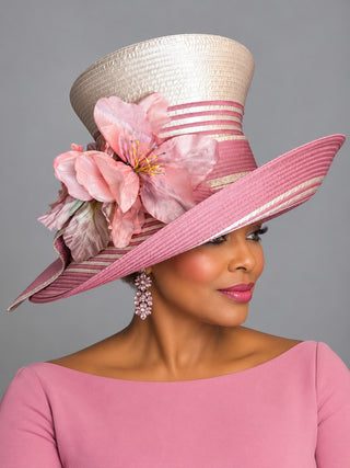 OCM-27 Champagne & Rose Striped Wide Brim Hat with Silk Lily
