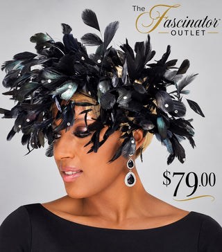 OCM-28 Black Iridescent Feather Headpiece with Crystals