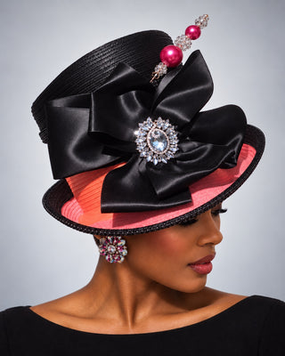 OCM-29 Black & Coral Hat with Satin Bow and Jeweled Pin