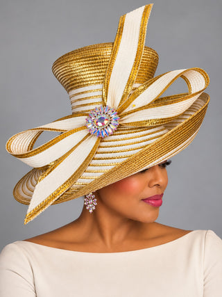 OCM-30 Gold & Ivory Sculpted Bow Hat with Crystal Brooch