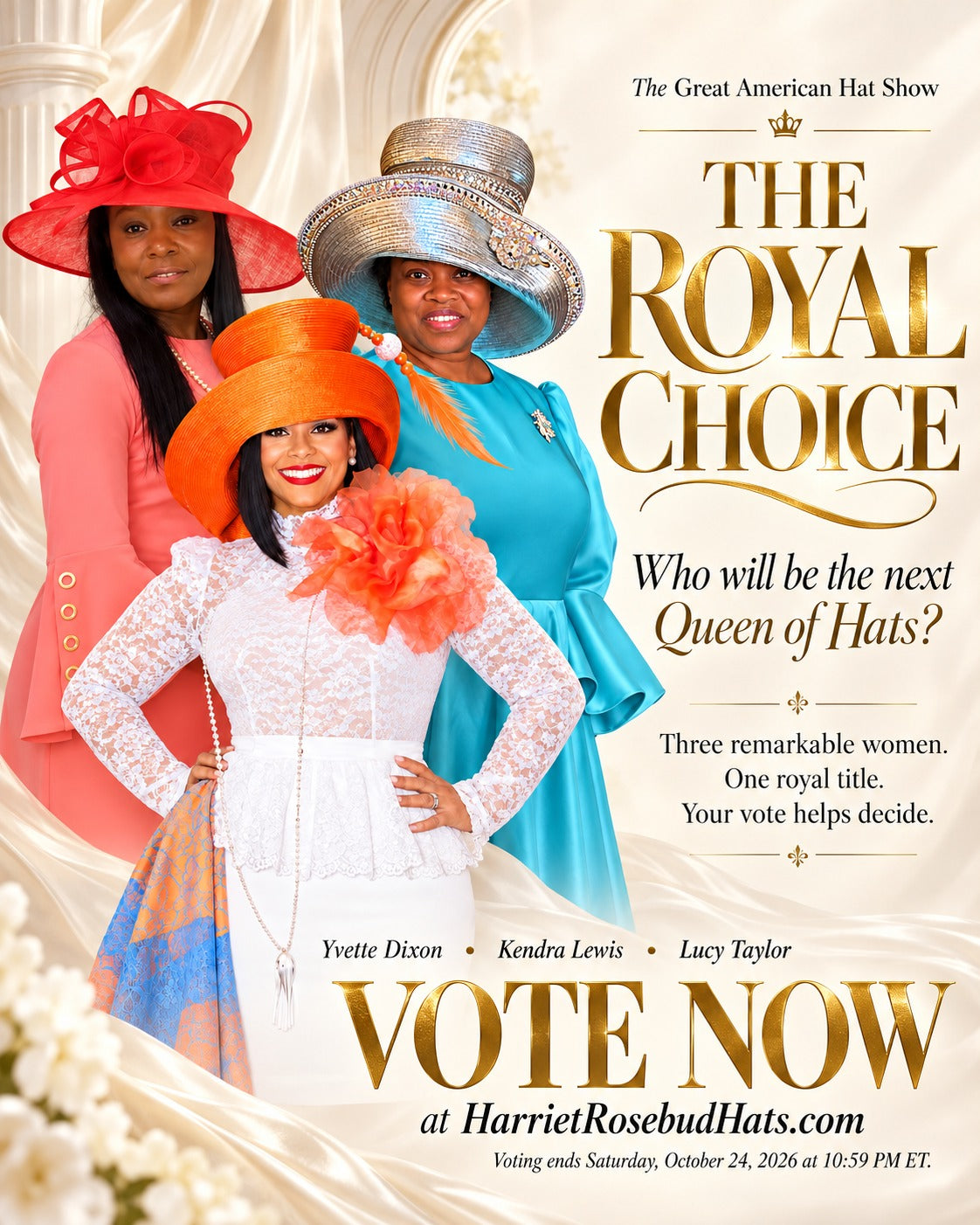 The Royal Choice — Vote now for the next Queen of Hats: Yvette Dixon, Kendra Lewis and Lucy Taylor
