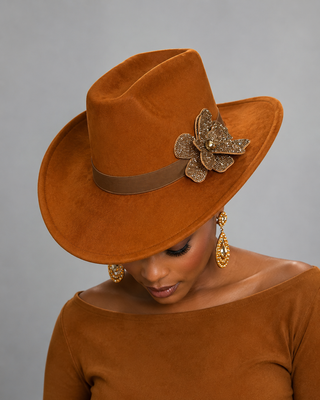 SEM-03 Cognac Suede Wide Brim Fedora with Crystal Flower