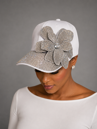 SEM-05 White Rhinestone Flower Baseball Cap