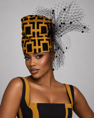 SEM-200 Mustard & Black Geometric Turban with Netted Veil