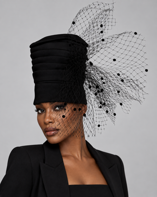 SEM-201 Black Pleated Topper with Netted Veil