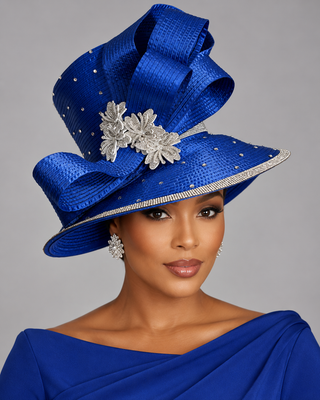 SEM-205 Royal Blue Rhinestone Wide-Brim with Silver Floral Brooch