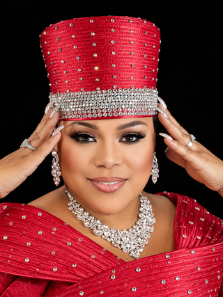 SEM-403 Rhinestone-Studded Tall Crown Pillbox - Red