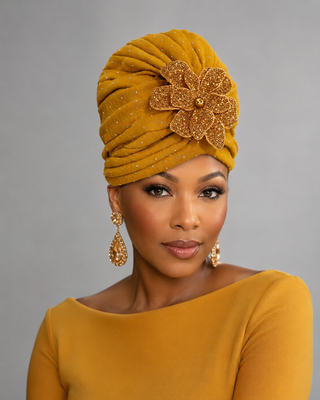 SEM-02 Gold Pleated Turban with Beaded Flower